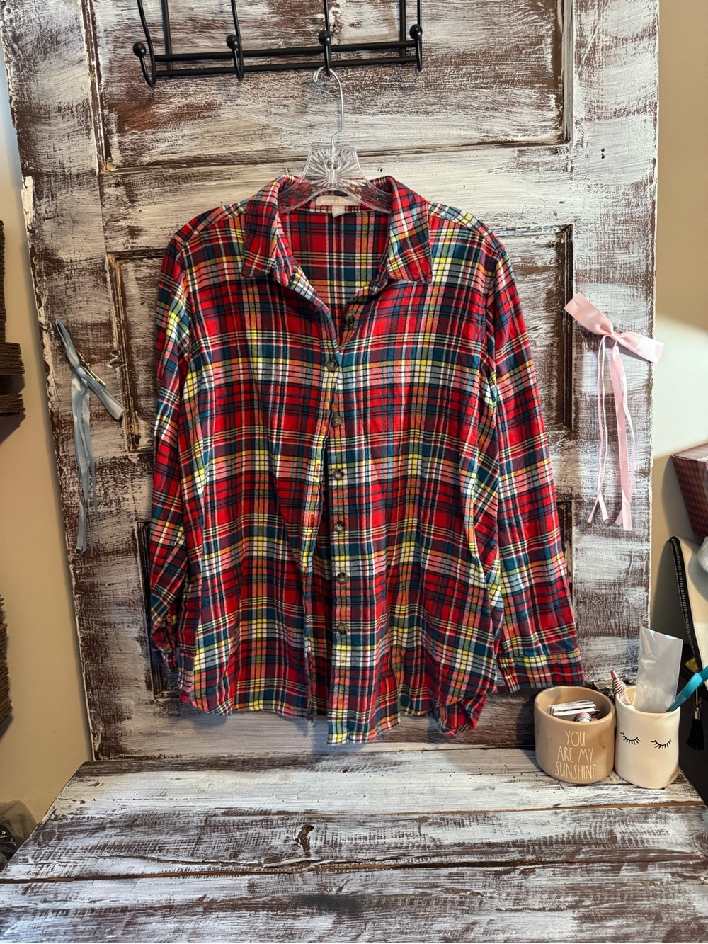 Woman Within Red Plaid Button-Down Shirt